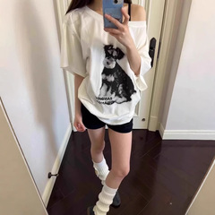 アメリカンホットガール子犬プリントオフショルダー半袖Tシャツレディース夏新作レイジースタイルルーズカジュアルオフショルダートップ