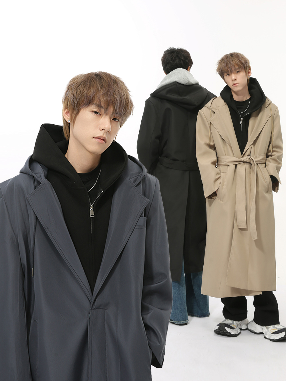 MTLCLOTHES Hombres| Nuevos productos de otoño coreanos temperamento simple sobre la rodilla correa de hombro abrigo casual