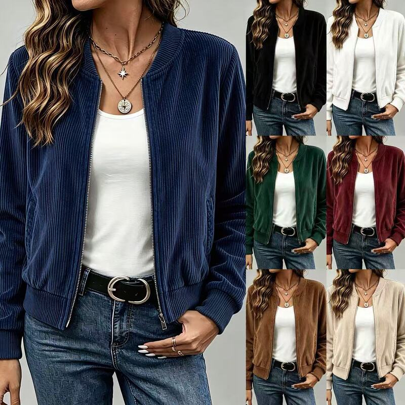 2026 Autumn/Winter Foreign Trade Corduroy Baseball Jacket for Women, European and American Style, Zipper Casual Jacket, Vintage Commuter Multi-Color Coat