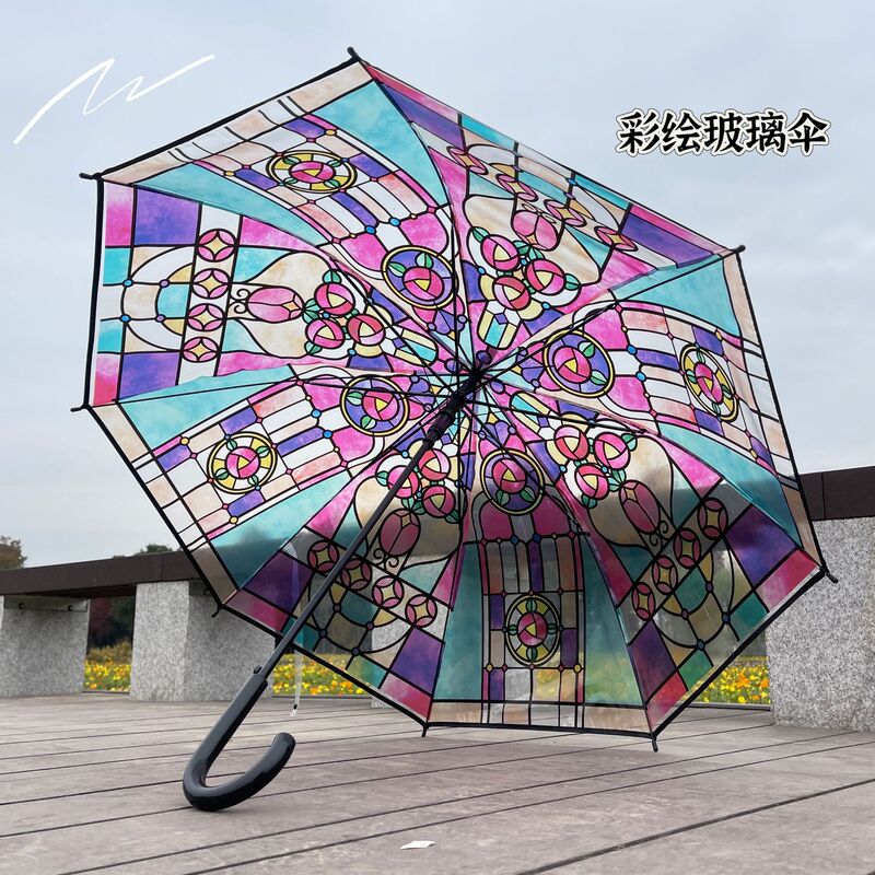 British Style Tropical Rainforest Arched Transparent Umbrella Stained Glass Transparent Umbrella Long Handle Automatic Big Romantic Rain