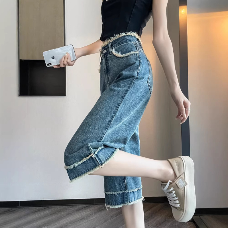 High-waisted raw edge denim wide-leg cropped pants for women, 2026 summer thin style, petite retro straight mid-length pants A11422 High-waisted raw edge denim wide-leg cropped pants for women, 2026 summer thin style, petite retro straight mid-length pants A11422