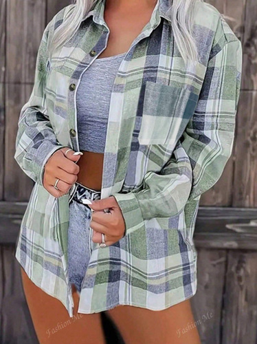 New European and American-style women's colorful plaid long-sleeved shirt—casual, loose-fitting, fashionable, and elegant coat.