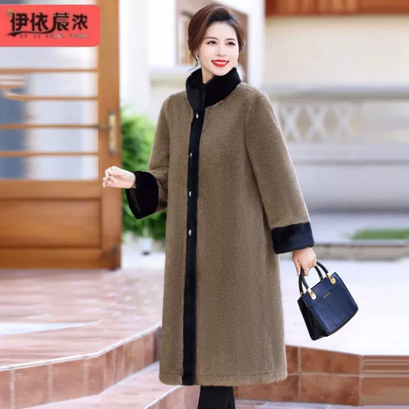 Зимнее длинное пальто для матери из искусственного кашемира из норки, утепленное Шуба в западном стиле для женщин среднего и пожилого возраста, 50 лет