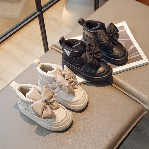 Girls' Velvet Boots  Winter New Children's Big Bow Mid-calf Boots Girls' Thickened Velcro Cotton Shoes