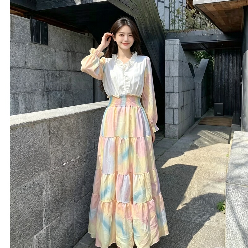 Ruffled gradient rainbow smudged dress with elastic waist, puffy long sleeves, multi-layered cake skirt, and large hem for women Ruffled gradient rainbow smudged dress with elastic waist, puffy long sleeves, multi-layered cake skirt, and large hem for women