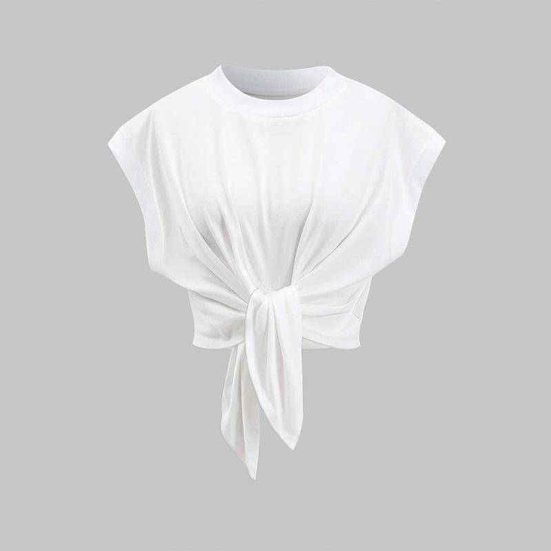 2025 New Style Small Flying Sleeve T-Shirt for Women with Asymmetrical Cross Straps and Twist Knot Design, Summer Round Neck, Sleeveless and Slimming Look