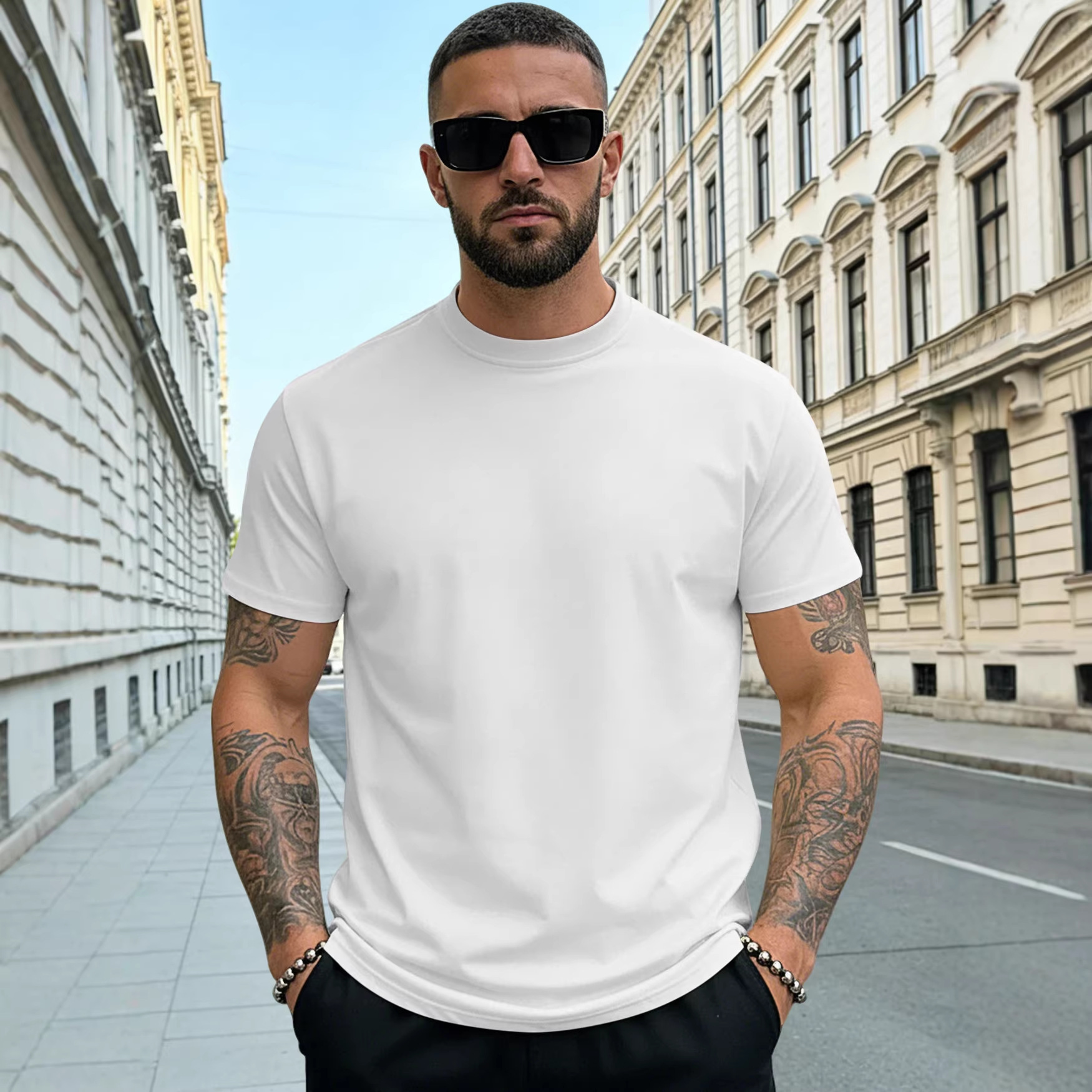 Estación independiente transfronteriza Europa y Estados Unidos hombre marca de moda tela de sudor de color sólido Henry cuello grande camiseta deportiva de manga corta de comercio exterior