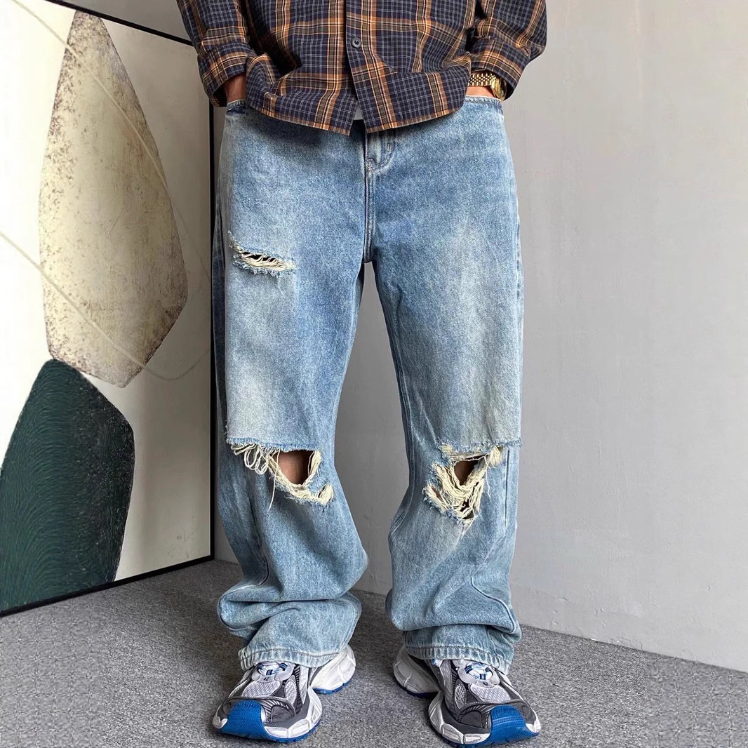 Men's Retro High Waist Dad Jeans Spring Summer Casual Loose Fit Wide Leg Ripped Straight Leg Floor Length_mkmklike.com
