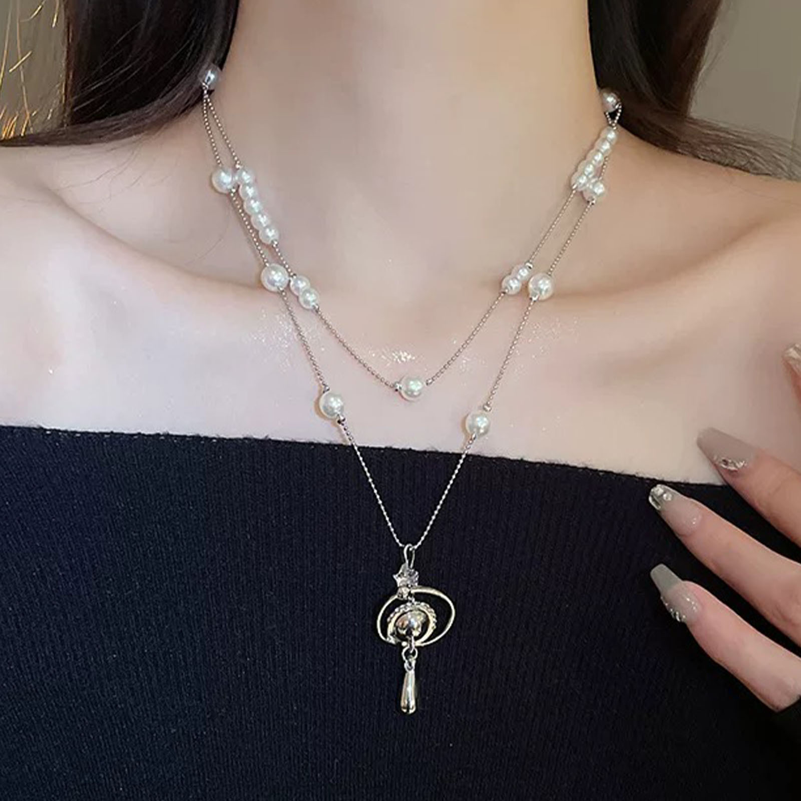 Xijia's Same Style Planet Double-Layer Pearl Necklace Accessible Luxury Niche Clavicle Chain Summer Versatile Sweater Chain Accessories for Women
