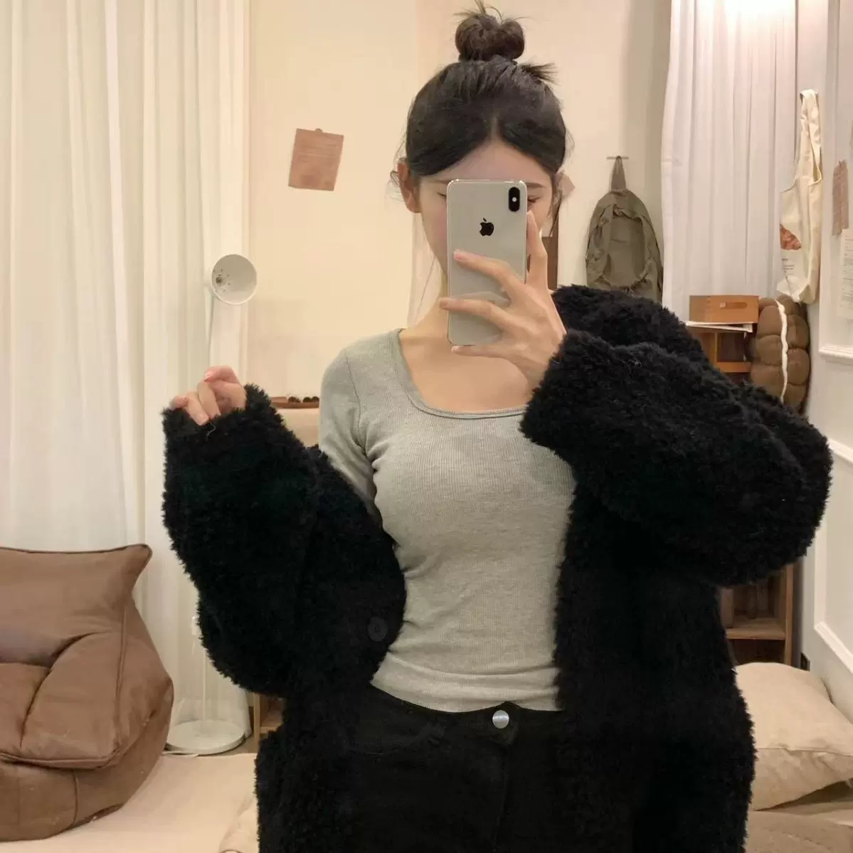 冬季磨绒保暖方领长袖上衣女带胸垫一体式内搭外穿纯色加绒打底衫