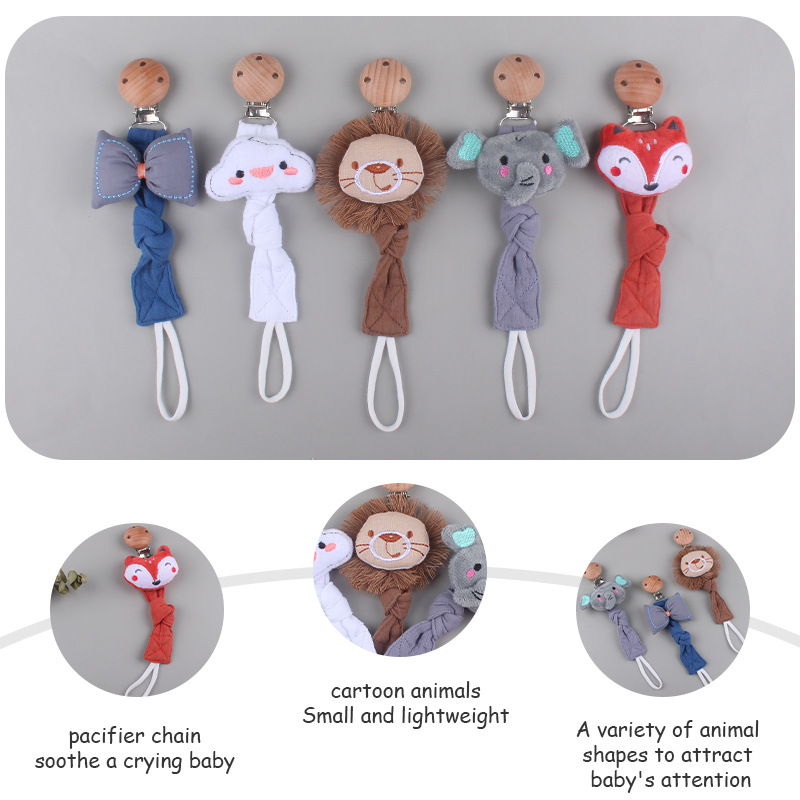 Nuevos suministros para bebés de haya clip de chupete león animal algodón lino cinta chupete cuerda bebé chupete cadena