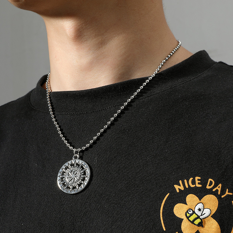 Japan and South Korea simple temperament retro old necklace ancient mysterious pattern sun flower round pendant necklacepicture4
