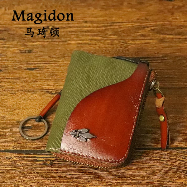 Maqidun new first layer cowhide vegetable tanned leather key case women's Retro Japanese style multi-functional card holder coin purse