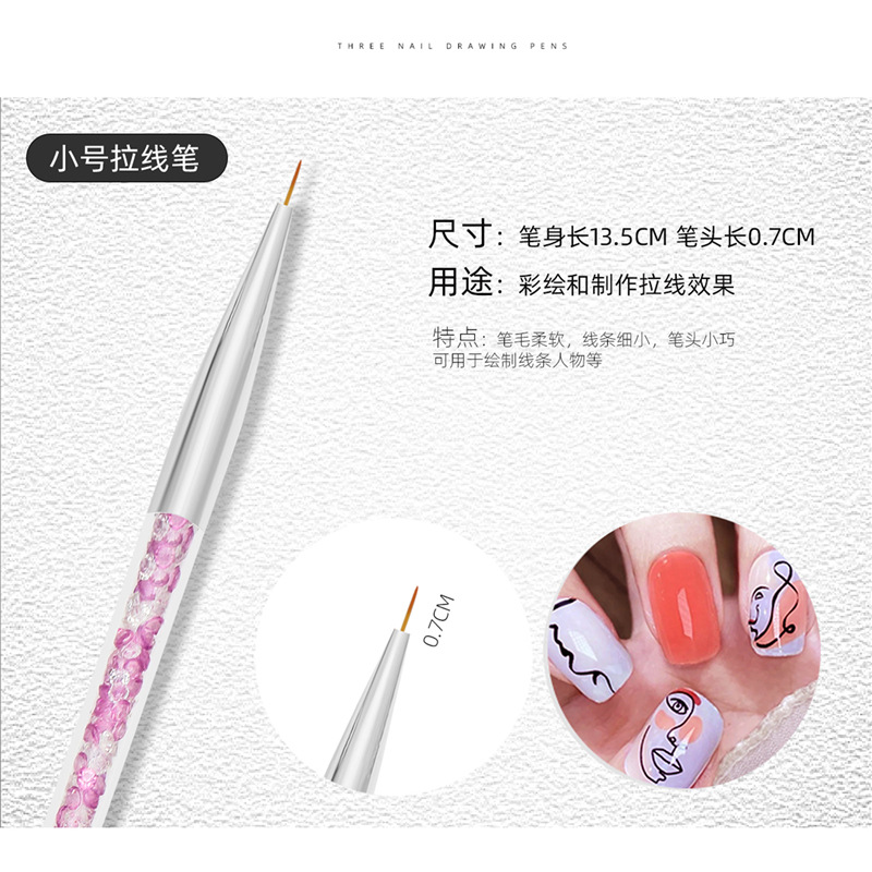 Cruz-frontera nuevo Diamante de uñas de tres piezas de la pluma de dibujo ultra-fina de uñas pintura pluma gancho línea de dibujo de la pluma de color mezclado titular de la pluma de diamante