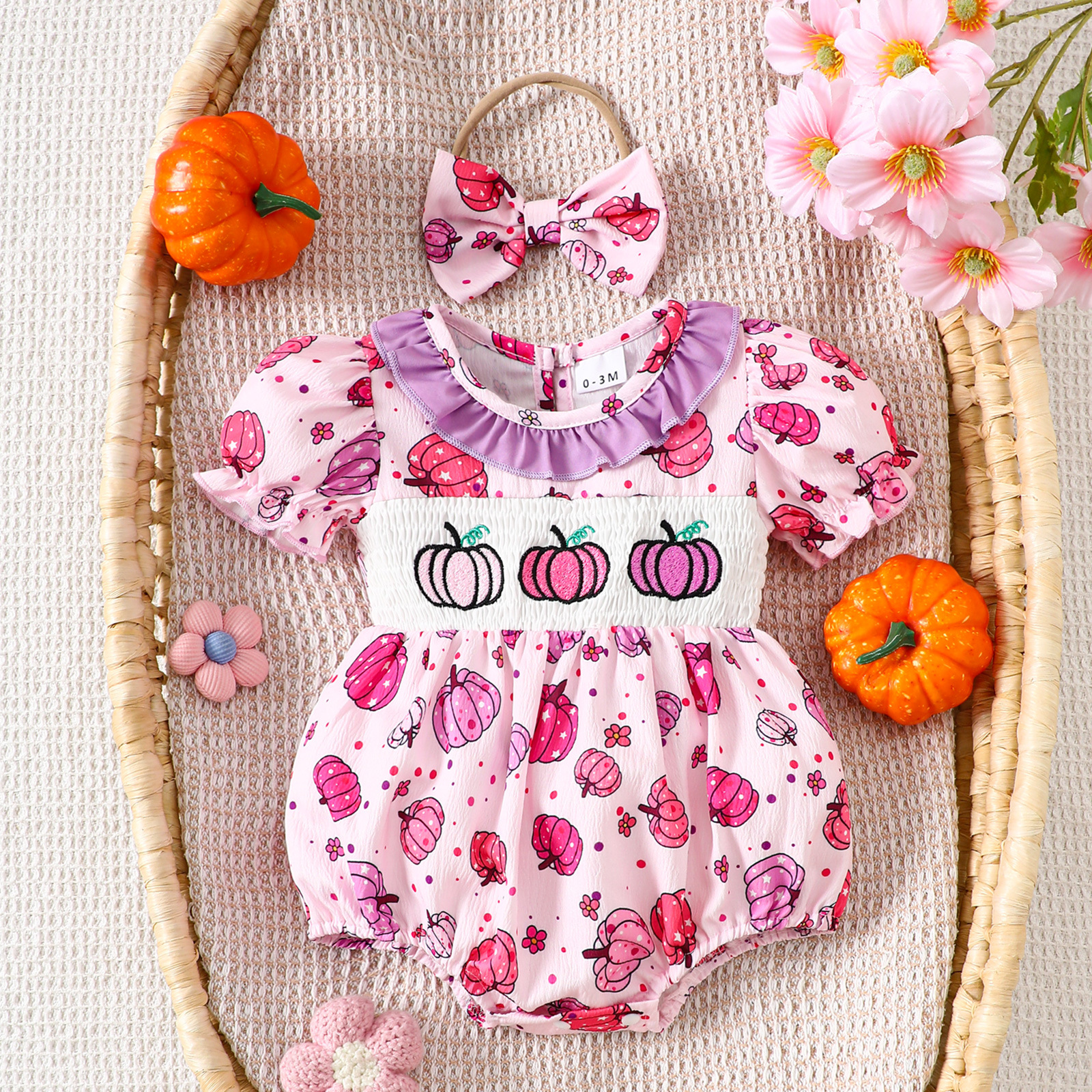 ハロウィン子供服ベビー夏の新しいジャンプスーツ女の赤ちゃん甘いカボチャプリント薄いカバーオール卸売