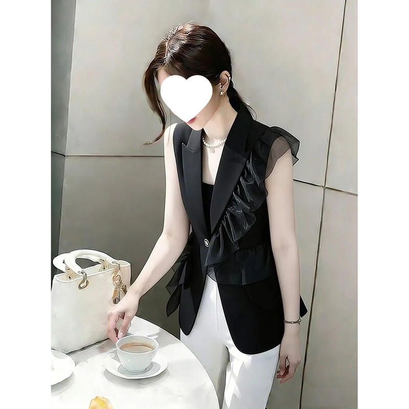 Black Ruffled Blazer Vest for Women, 2026 Summer Niche Design, Elegant and Sophisticated Style, Versatile Top for Socialites