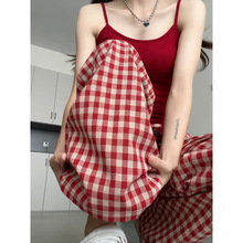 港风chic红色格子高腰休闲裤女秋季宽松阔腿原宿风百搭直筒长裤潮