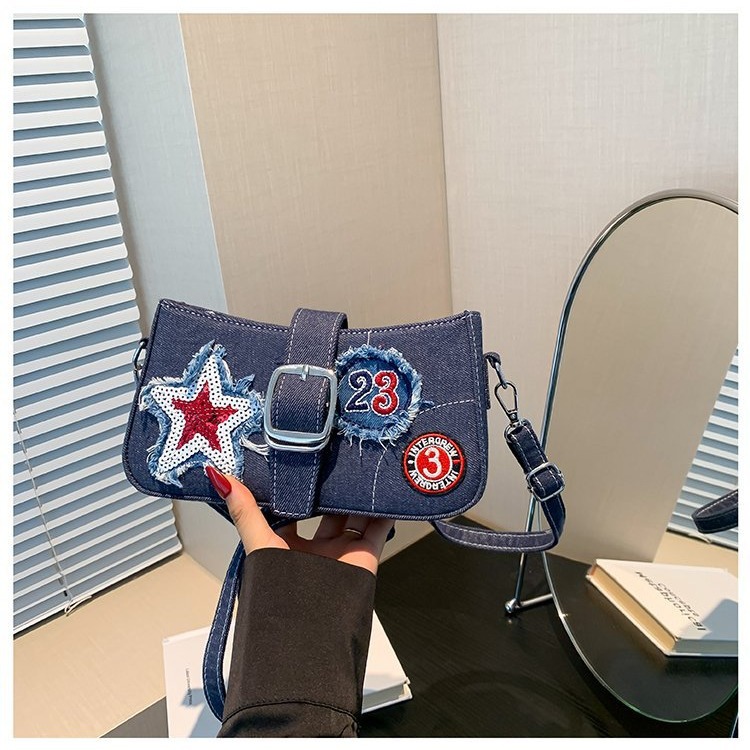 牛仔布包包女2024跨境新款時尚腋下小方包刺繡圖案星星單肩斜挎包