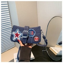 牛仔布包包女2024跨境新款時尚腋下小方包刺繡圖案星星單肩斜挎包