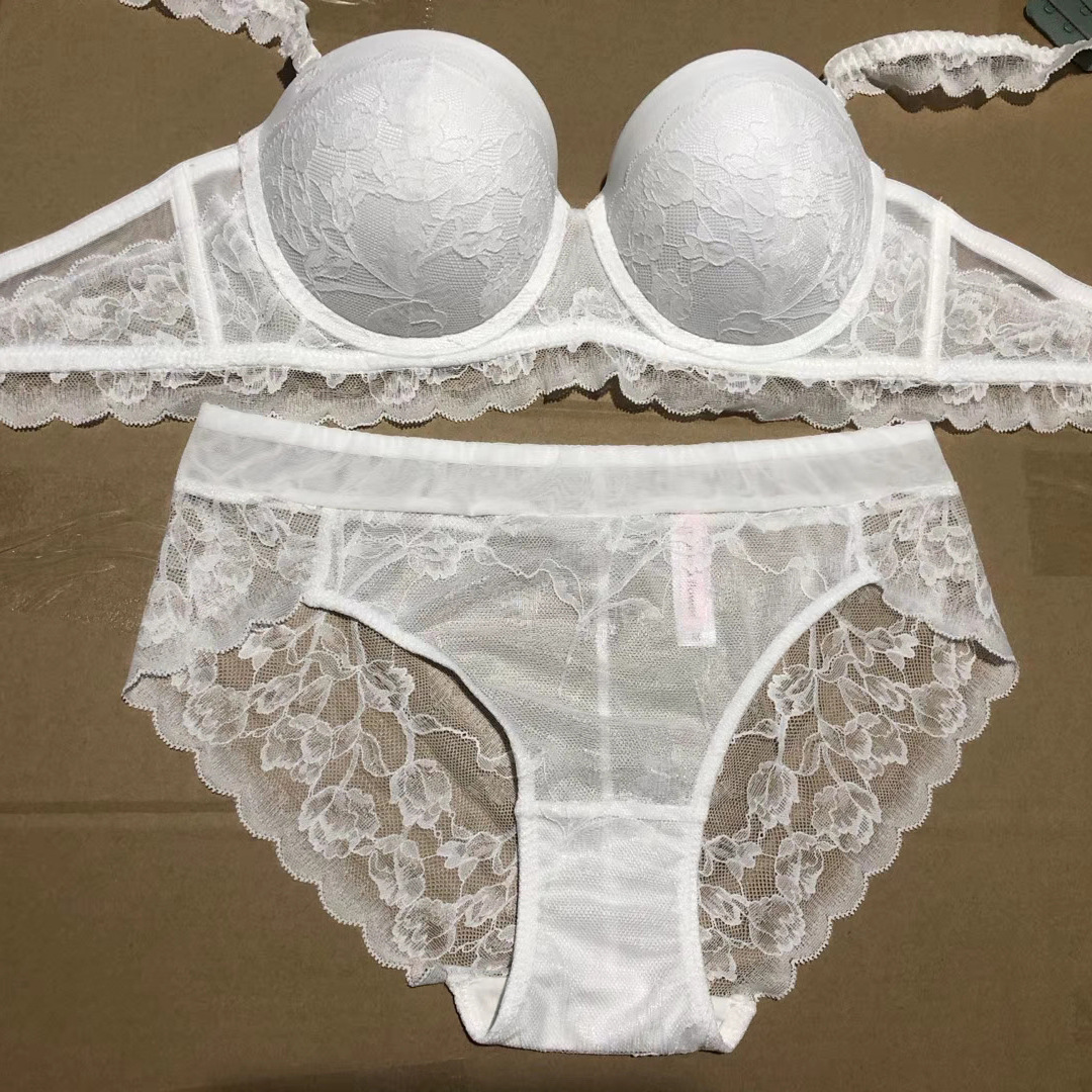 New Sexy Lace Overlay Half Cup Gathering Women's Bra Set Wedding Off the Shoulder Underwear_voghion.com