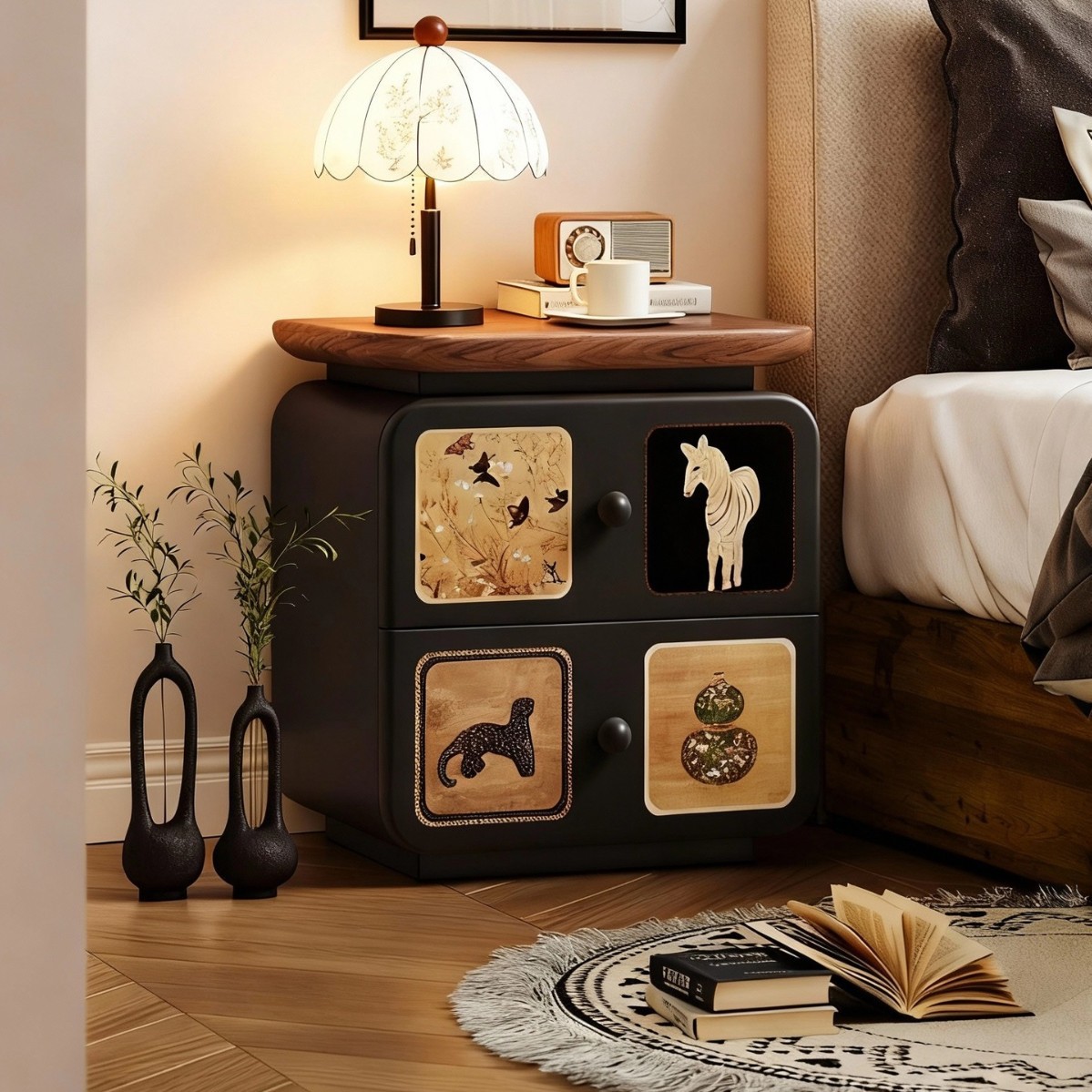 Mesa de cama de madera maciza dormitorio doméstico 2025 explosión nicho sentido de diseño creativo medieval retro cabecera de almacenamiento