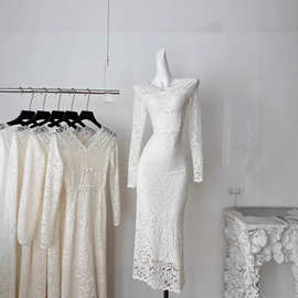 从一时刻媚娘优美一字肩V领长袖连衣裙蕾丝蝴蝶结气质开叉裙