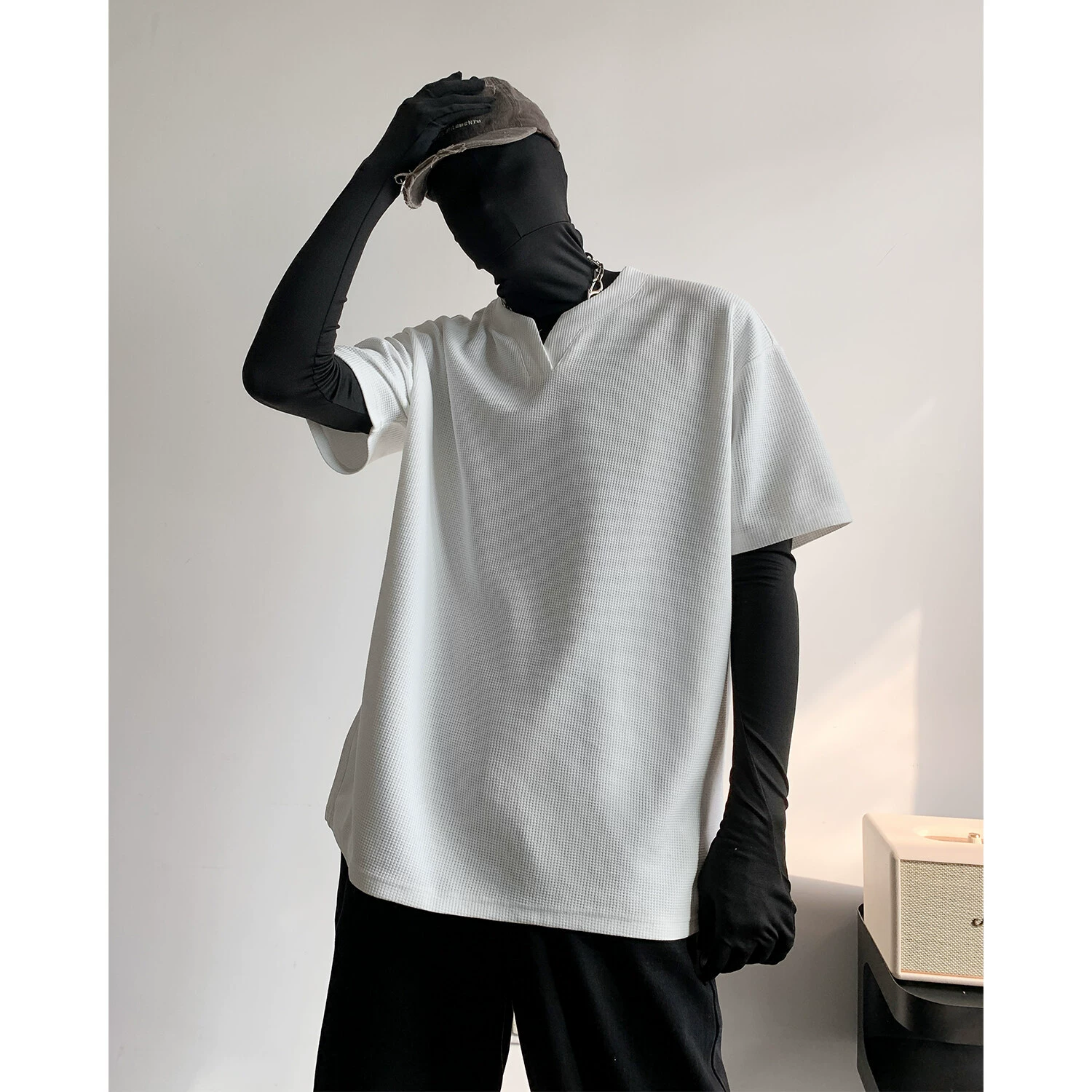 Летние тяжелые вафли маленькие V-образные футболки с короткими рукавами премиум-класса американский большой размер свободные футболки с половинными рукавами мужской