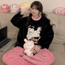 秋冬季法兰绒睡衣女圆领珊瑚绒可爱加绒加厚两件套家居服卡通代发