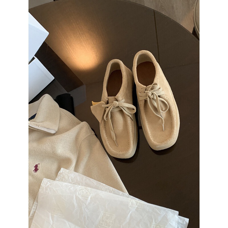 牛皮~葡萄妈同款袋鼠鞋女增高4.5cm系带厚底复古勃肯鞋真皮乐福鞋|undefined