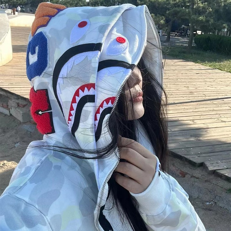 Japanese Fashion Brand BAPE Shark Sweatshirt Men's Camouflage Double Hat Luminous Spot Street Casual Student plus size Women's Coat