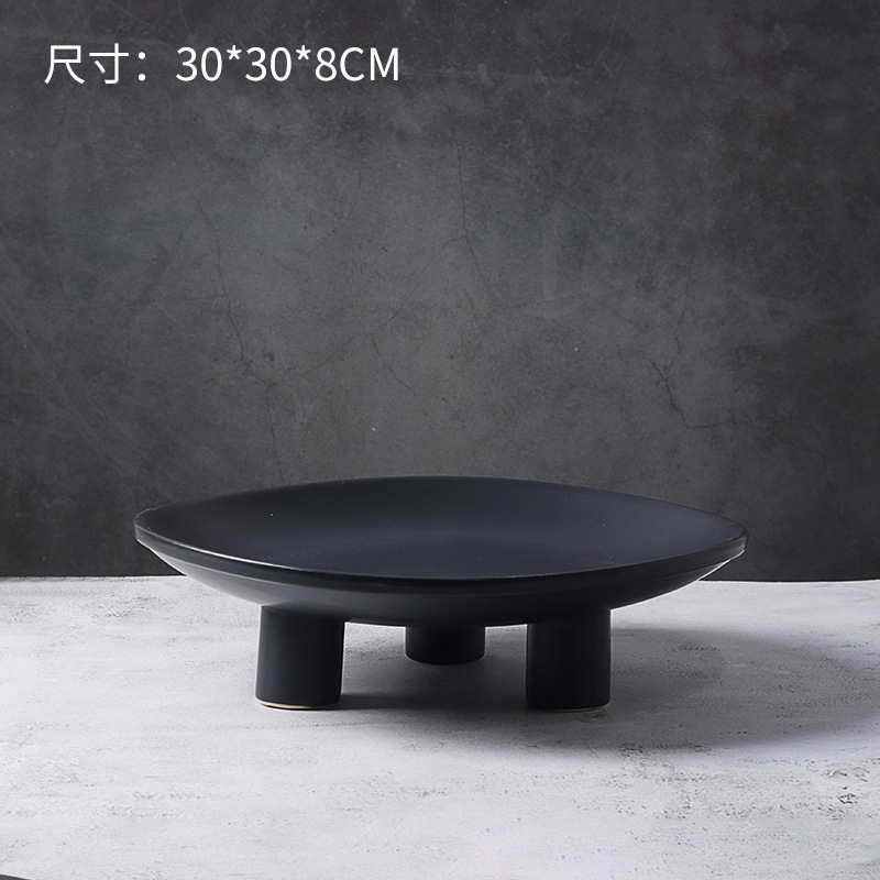 モダンなシンプルな北欧のアイデア白黒陶磁器の三脚の丸い果物の皿の置物の家庭の見本の板の間の柔らかい装飾品の用品|undefined