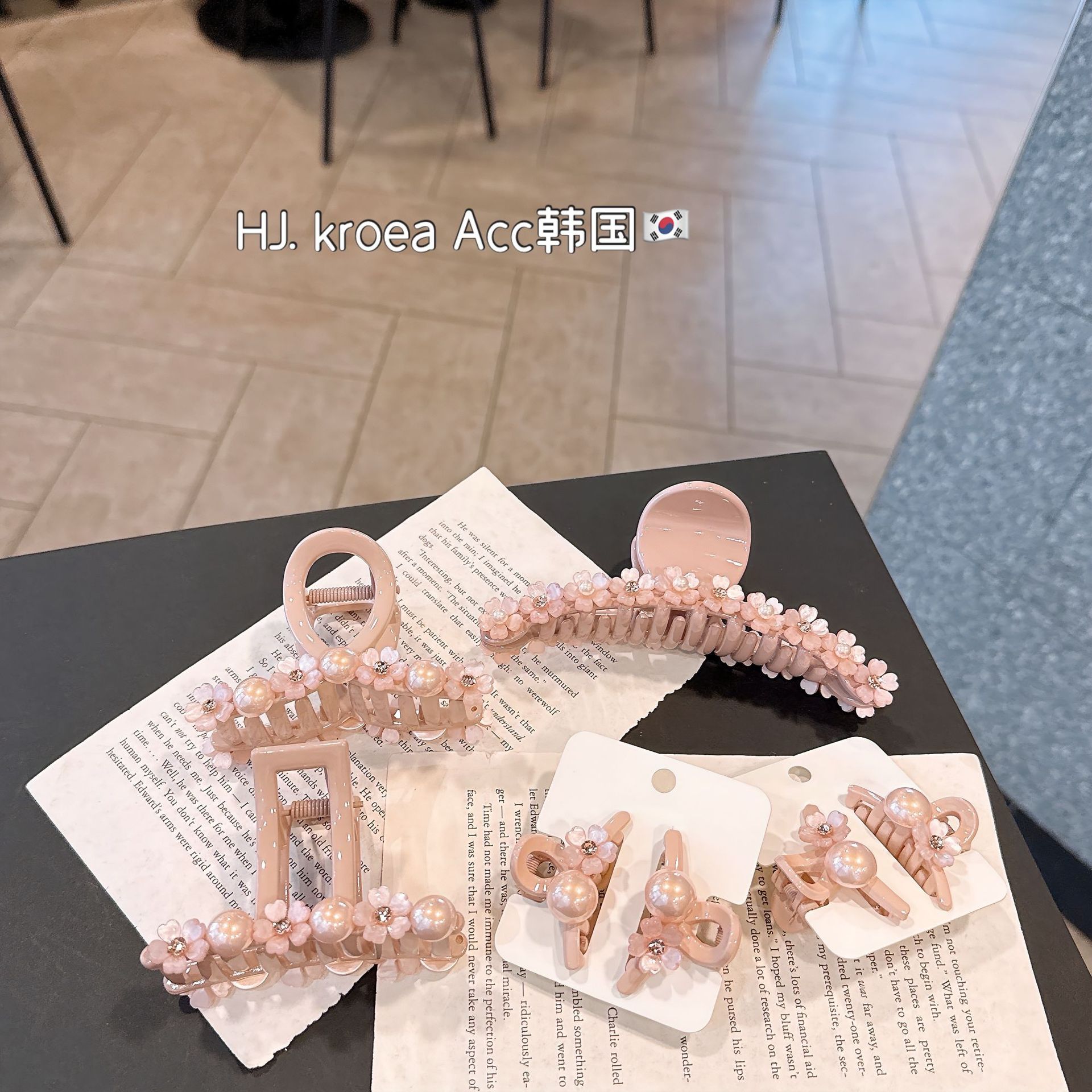 时尚风～个性甜美女式抓夹头饰后脑勺镶钻花朵肉粉色系高质感发抓