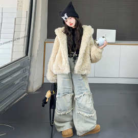 女童可爱兔耳朵短款连帽羊羔毛外套2025秋冬季新款毛绒外套可爱