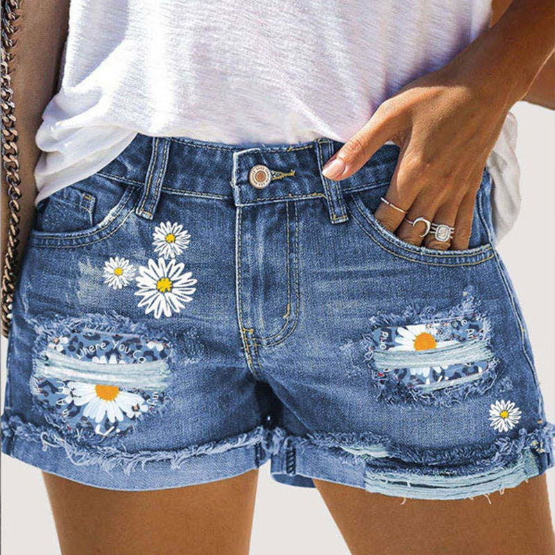 2022 Summer New European and American Hot High Waist Ripped Washed Denim Shorts Women's Printed Loose Hot Pants