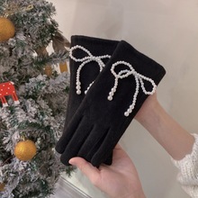 名媛风珍珠蝴蝶结五指手套羊绒分指可触屏加绒加厚气质时尚手套女