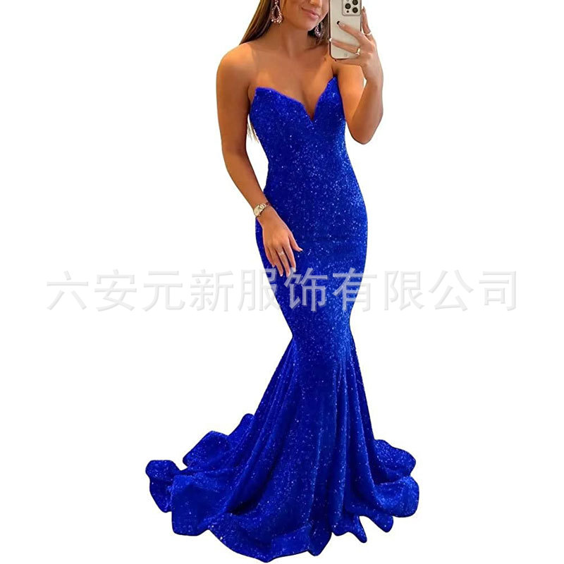 Europeo y americano Comercio exterior Amazon nuevo lentejuelas fishtail sexy V-cuello adelgazamiento largo banquete bola fiesta vestido de noche image 6