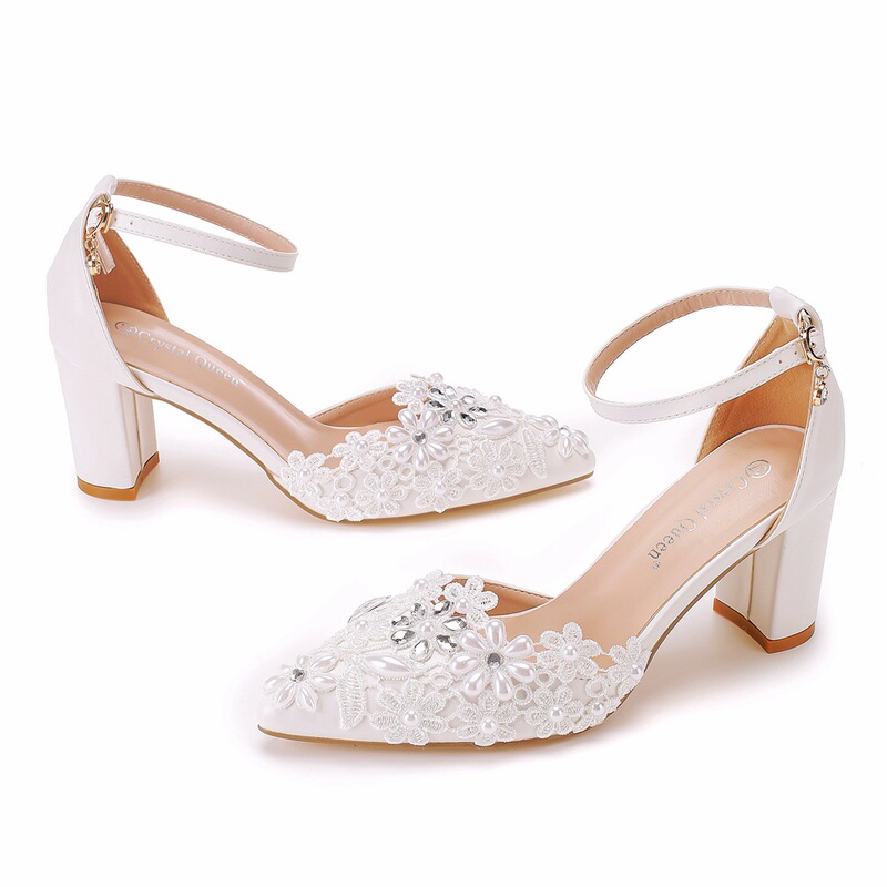 Large Size 7cm Thick Heel Pointed Toe Hollow Sandals Spring Square Heel Shallow Mouth Women's Shoes White Lace Bridal High Heels Large Size 7cm Thick Heel Pointed Toe Hollow Sandals Spring Square Heel Shallow Mouth Women's Shoes White Lace Bridal High Heels