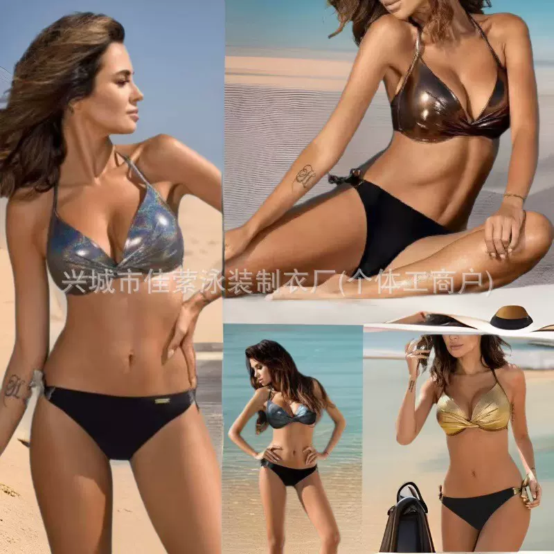 2024新款欧美性感分体女士比基尼泳衣烫金硬包聚拢bikini泳装批发