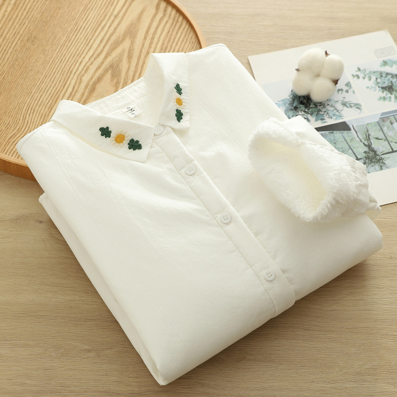 Fresh Collar Embroider Fleece-Lined White Long-Sleeved Shirt for Women 2025 Autumn and Winter New Warm Base Top Cardigan