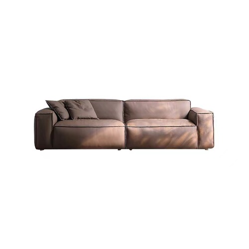 Italian minimalist tofu block leather sofa small apartment medium thick first layer cowhide three person retro straight living room sofa