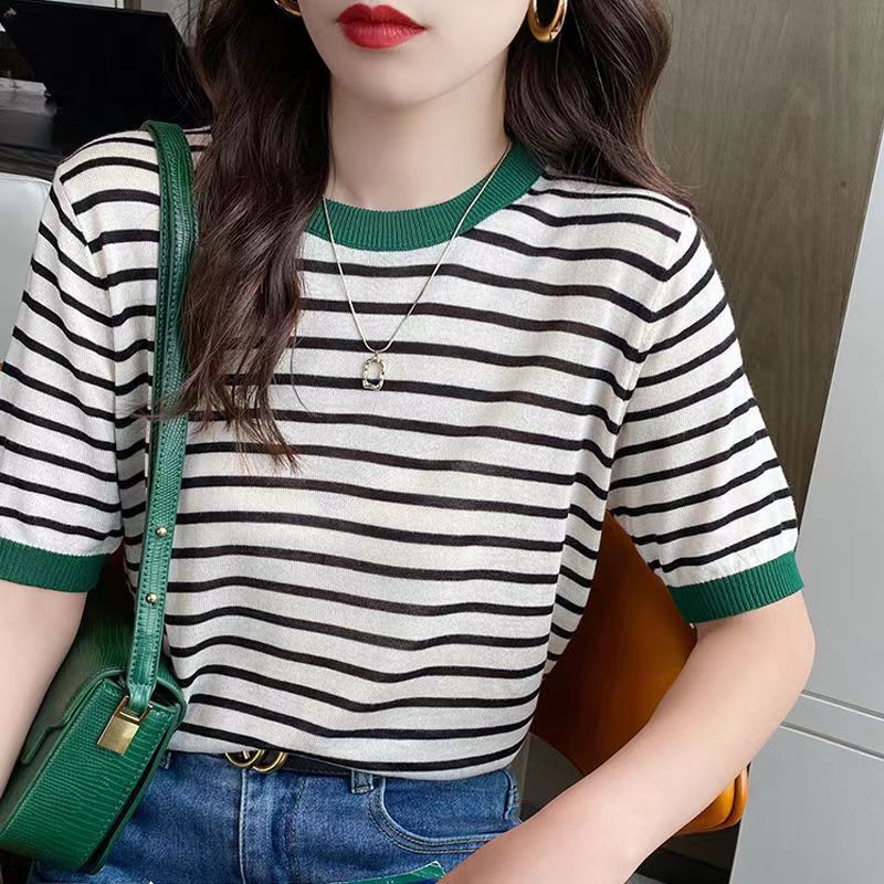 Ice Silk Short-Sleeved Knit Top for Women, Thin Striped T-Shirt, Plus Size Korean Style Base Layer Half-Sleeve, Versatile Color-Blocking for Summer 2024