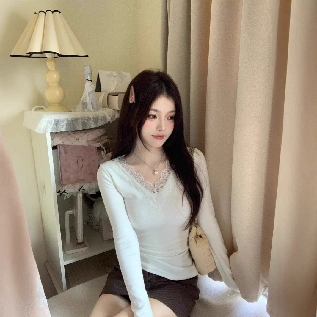 Трансграничная корейская сладкая пряная девушка белая кружевная рубашка с вырезом из шнура женская осенняя и зимняя футболка с длинными рукавами