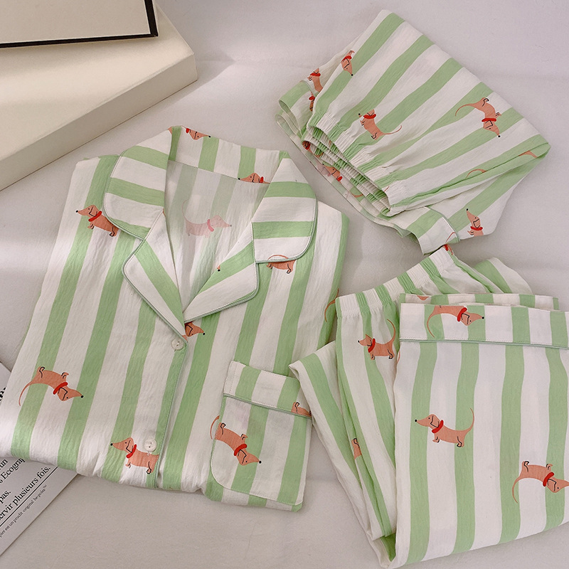 Nube de algodón pijama de mujer nuevo verano verde rayas perros dulces ociosos ropa de casa de estudiantes de tres piezas para vestir