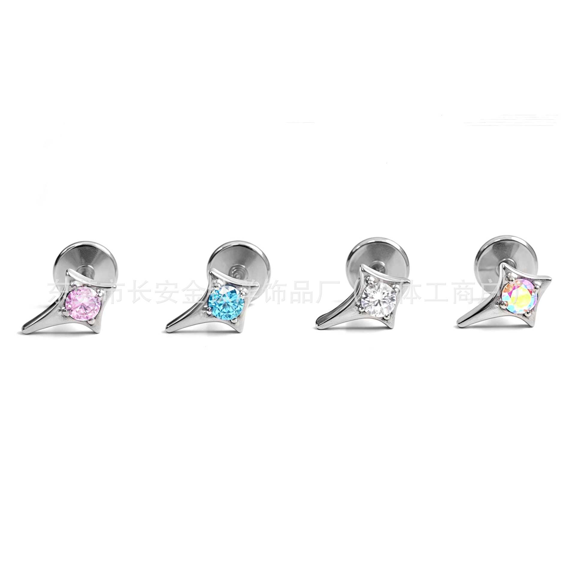 F136 Titanium Four-Pointed Star Inlaid Zircon Ear Cartilage Stud Earrings Nose Studs G23 Alloy Body Piercing Jewelry detail image 8