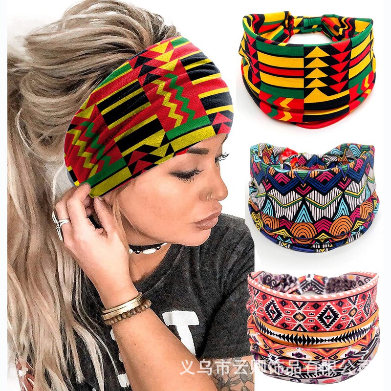 European and American hair band printed wide-brimmed elastic knotted sports yoga sweat-absorbent headband women's factory headwear hair band wholesale