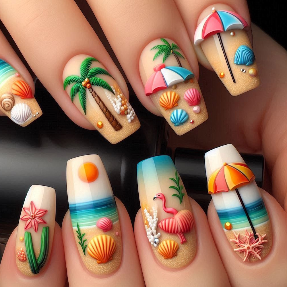 Verano vitalidad playa uñas de uñas cáscara de coco parche de uñas terminado venta caliente transfronteriza al por mayor