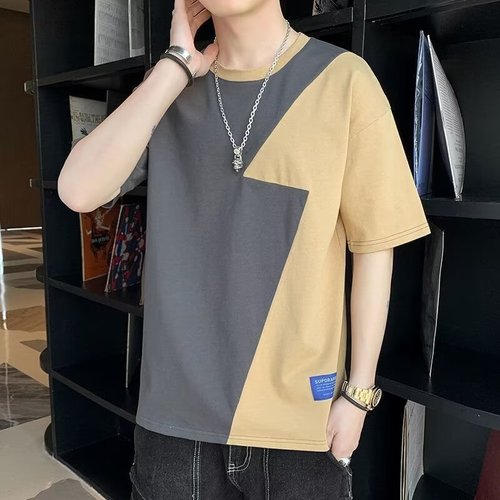 Stitching short sleeve men's summer trend loose five and a half sleeve t-color clash top men's T-shirt ice silk casual T-shirt