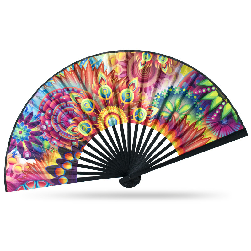 Clásico estilo antiguo ventilador Arco Iris serie pintura abstracta estilo plegable ventilador 23cm negro hueso recto estilo nacional satén ventilador de tela