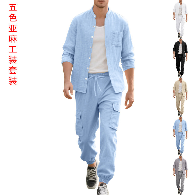 Amazon Cross-Border 남성 여름 리넨 버튼 셔츠 긴팔 바지 카디건 캐주얼 루즈 비치 슈트 남성용