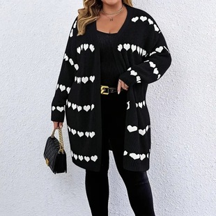 Customized Plus-Size Women's European and American Style Heart-Patterned Knit Cardigan, Casual Long-Sleeve Open-Front Cardigan